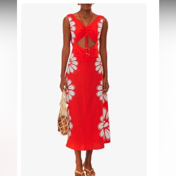 FARM Rio Red and White Floral Midi Dress - Picture 1 of 8